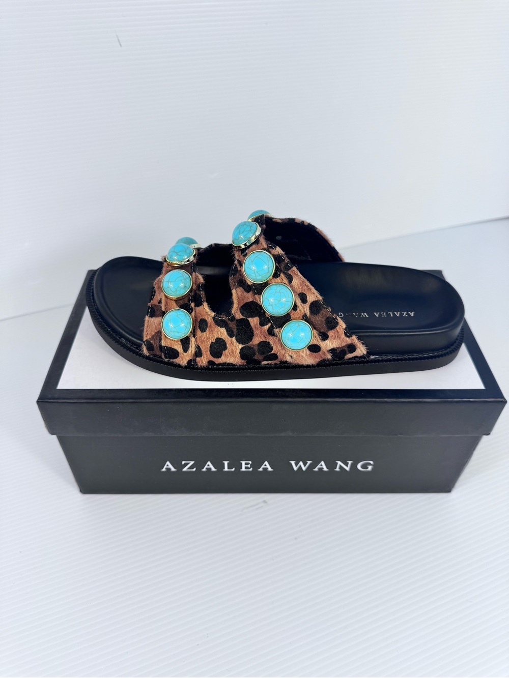 Azalea Wang Uzumati Leopard Turquoise Studded Slide Sandals NIB